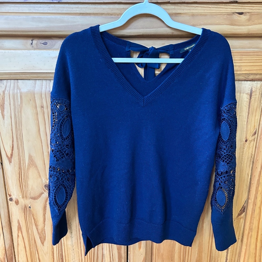 Kobi Halperin Sweater Blue Wool Silk Blend V Neck Lace Sleeves Bow Back Wmn Sm